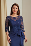 Navy Ruched Mermaid Illusion Boat Neck Long Mother of the Bride Dress with Slit