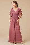 Desert Rose Ruffled V-Neck A Line Maxi Mother of the Bride Dress with Appliques
