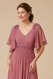 Desert Rose Ruffled V-Neck A Line Maxi Mother of the Bride Dress with Appliques