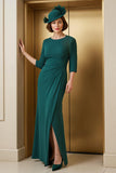 Pine Sheath Chiffon Round Neck Long Mother of the Bride Dress with Slit