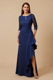 Navy Sheath Boat Neck Ruched Keyhole Maxi Mother of the Bride Dress with Lace