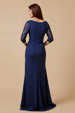 Navy Sheath Boat Neck Ruched Keyhole Maxi Mother of the Bride Dress with Lace