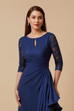 Navy Sheath Boat Neck Ruched Keyhole Maxi Mother of the Bride Dress with Lace