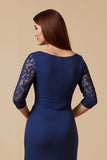 Navy Sheath Boat Neck Ruched Keyhole Maxi Mother of the Bride Dress with Lace
