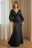 Pine Mermaid V-Neck Ruched Satin Maxi Mother of the Bride Dress with Sleeves