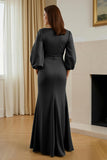 Pine Mermaid V-Neck Ruched Satin Maxi Mother of the Bride Dress with Sleeves