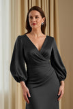 Pine Mermaid V-Neck Ruched Satin Maxi Mother of the Bride Dress with Sleeves