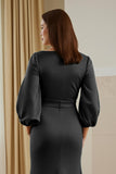 Pine Mermaid V-Neck Ruched Satin Maxi Mother of the Bride Dress with Sleeves