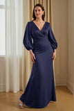 Pine Mermaid V-Neck Ruched Satin Maxi Mother of the Bride Dress with Sleeves