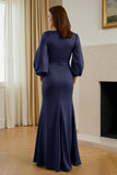 Pine Mermaid V-Neck Ruched Satin Maxi Mother of the Bride Dress with Sleeves