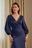 Pine Mermaid V-Neck Ruched Satin Maxi Mother of the Bride Dress with Sleeves