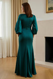 Pine Mermaid V-Neck Ruched Satin Maxi Mother of the Bride Dress with Sleeves