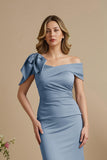 Dusty Blue Satin Mermaid Ruched Long Mother of the Bride Dress with Bow