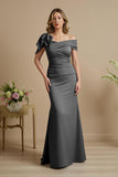 Dusty Blue Satin Mermaid Ruched Long Mother of the Bride Dress with Bow