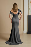 Dusty Blue Satin Mermaid Ruched Long Mother of the Bride Dress with Bow