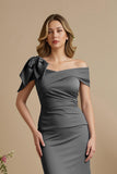 Dusty Blue Satin Mermaid Ruched Long Mother of the Bride Dress with Bow