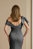 Dusty Blue Satin Mermaid Ruched Long Mother of the Bride Dress with Bow