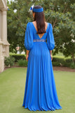 Blue Chiffon A Line V-Neck Maxi Mother of the Bride Dress with Beading