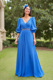 Blue Chiffon A Line V-Neck Maxi Mother of the Bride Dress with Beading