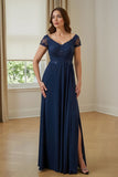 Navy Appliqued Sheath V-Neck Long Mother of the Bride Dress with Slit