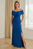 Blue Sheath Off the Shoulder Long Mother of the Bride Dress with Slit
