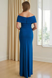 Blue Sheath Off the Shoulder Long Mother of the Bride Dress with Slit
