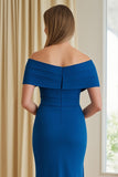 Blue Sheath Off the Shoulder Long Mother of the Bride Dress with Slit
