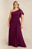 Plus Size Burgundy Ruched Sheath One Shoulder Long Mother of the Bride Dress