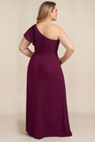 Plus Size Burgundy Ruched Sheath One Shoulder Long Mother of the Bride Dress