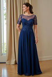 Navy Illusion Boat Neck Chiffon A Line Long Mother of the Bride Dress with Sleeves