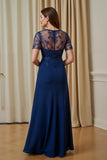 Navy Illusion Boat Neck Chiffon A Line Long Mother of the Bride Dress with Sleeves