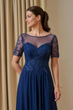 Navy Illusion Boat Neck Chiffon A Line Long Mother of the Bride Dress with Sleeves