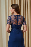 Navy Illusion Boat Neck Chiffon A Line Long Mother of the Bride Dress with Sleeves