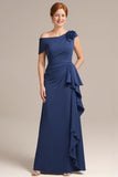 Navy Sheath Ruffled Maxi Mother of the Bride Dress with 3D Flower