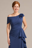 Navy Sheath Ruffled Maxi Mother of the Bride Dress with 3D Flower