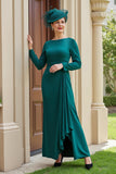 Dark Green Sheath Boat Neck Long Sleeves Mother of the Bride Dress with Ruffles