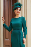 Dark Green Sheath Boat Neck Long Sleeves Mother of the Bride Dress with Ruffles