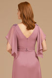 Grape Appliqued V-Neck A Line Long Mother of the Bride Dress with Ruffles