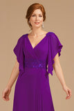 Grape Appliqued V-Neck A Line Long Mother of the Bride Dress with Ruffles