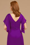 Grape Appliqued V-Neck A Line Long Mother of the Bride Dress with Ruffles