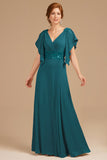 Grape Appliqued V-Neck A Line Long Mother of the Bride Dress with Ruffles