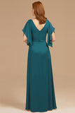 Grape Appliqued V-Neck A Line Long Mother of the Bride Dress with Ruffles