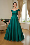 Dark Green Ruched Satin A Line Off the Shoulder Long Mother of the Bride Dress