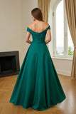 Dark Green Ruched Satin A Line Off the Shoulder Long Mother of the Bride Dress
