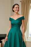 Dark Green Ruched Satin A Line Off the Shoulder Long Mother of the Bride Dress