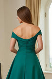 Dark Green Ruched Satin A Line Off the Shoulder Long Mother of the Bride Dress