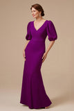 Grape Mermaid V-Neck Satin Long Mother of the Bride Dress with Sleeves