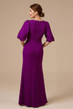 Grape Mermaid V-Neck Satin Long Mother of the Bride Dress with Sleeves