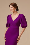 Grape Mermaid V-Neck Satin Long Mother of the Bride Dress with Sleeves