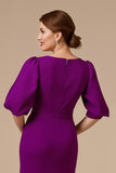Grape Mermaid V-Neck Satin Long Mother of the Bride Dress with Sleeves